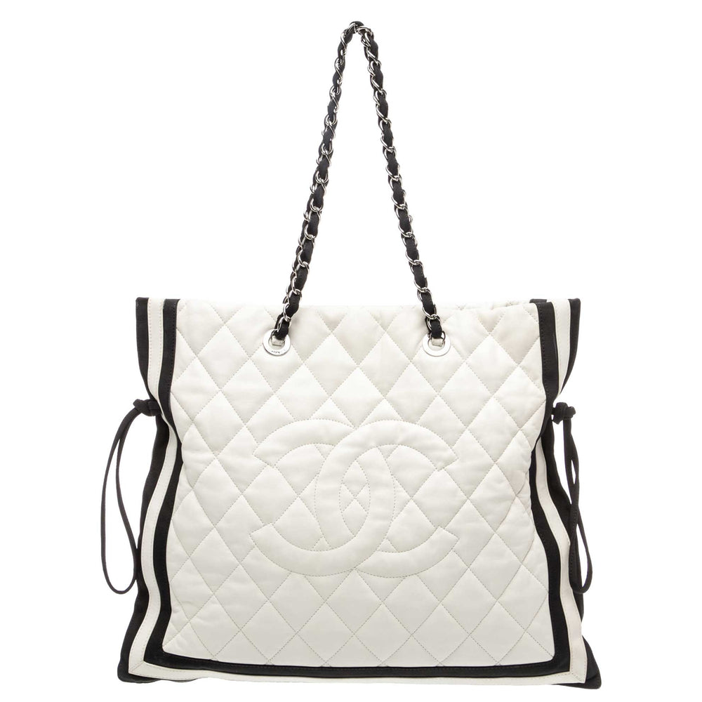 Chanel Quilted CC Tote White Leather Black Grosgrain Cruise 2010, front view
