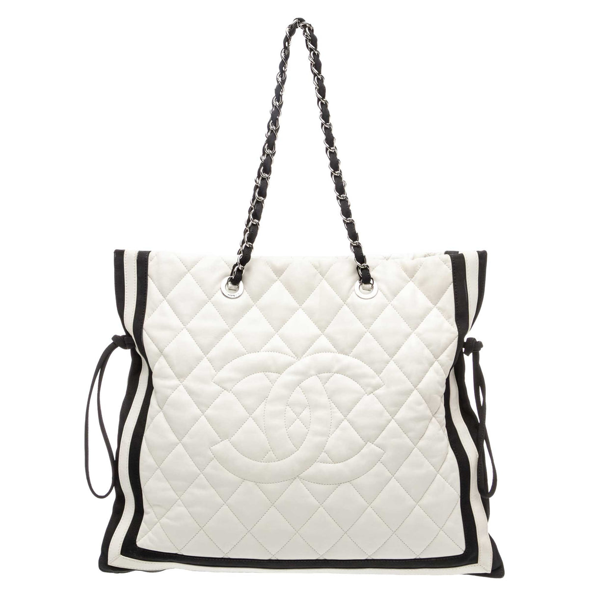 Chanel Quilted CC Tote White Leather Black Grosgrain Cruise 2010, front view