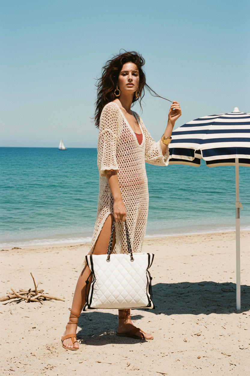 Chanel Quilted CC Tote White Leather Black Grosgrain Cruise 2010