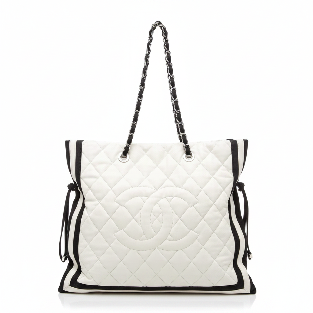 Chanel Quilted CC Tote White Leather Black Grosgrain Cruise 2010