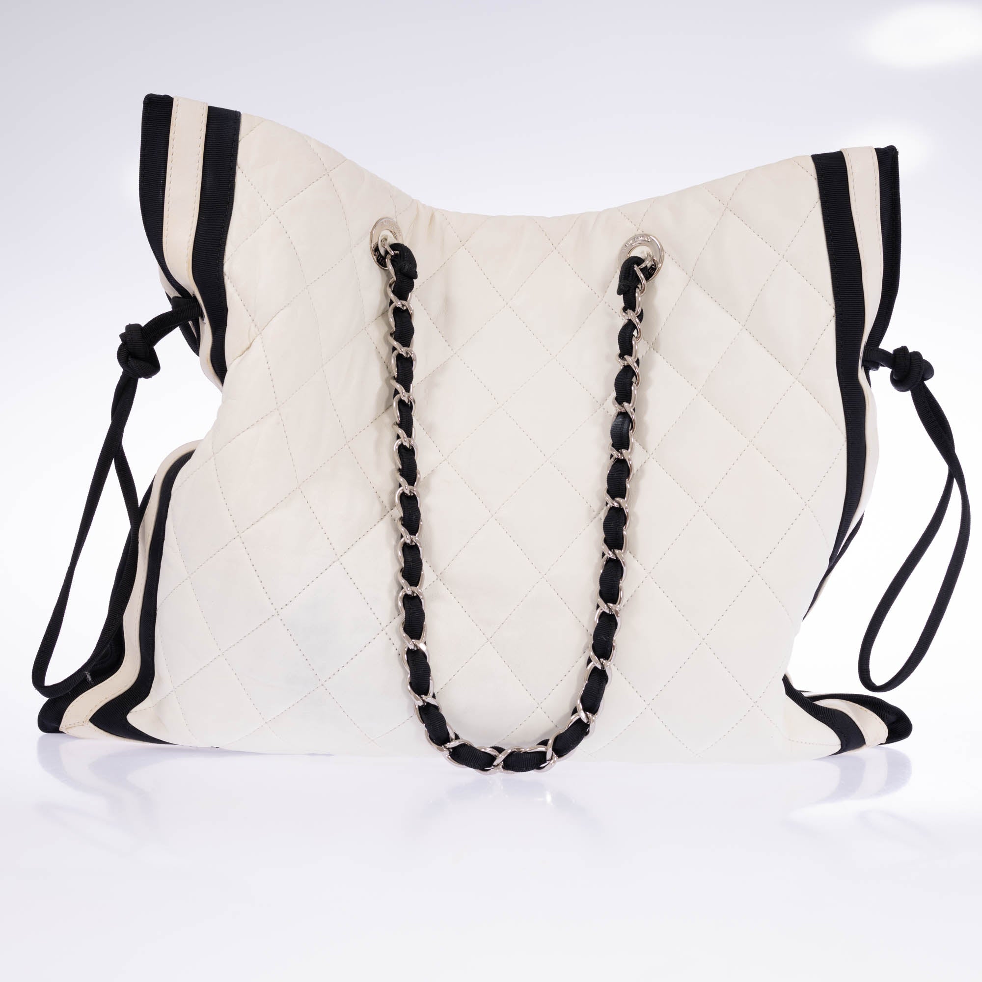 Chanel Quilted CC Tote White Leather Black Grosgrain Cruise 2010
