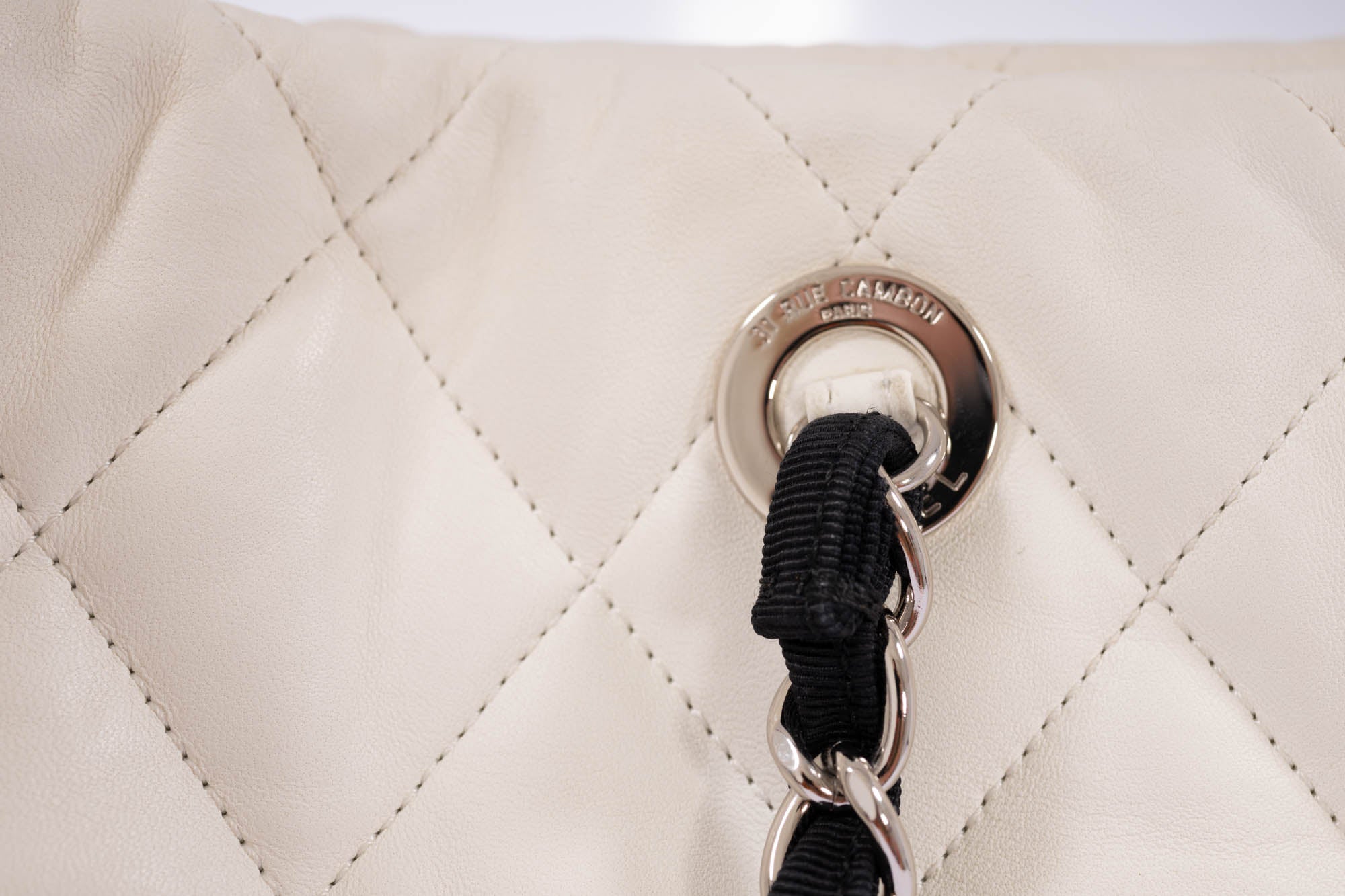 Chanel Quilted CC Tote White Leather Black Grosgrain Cruise 2010