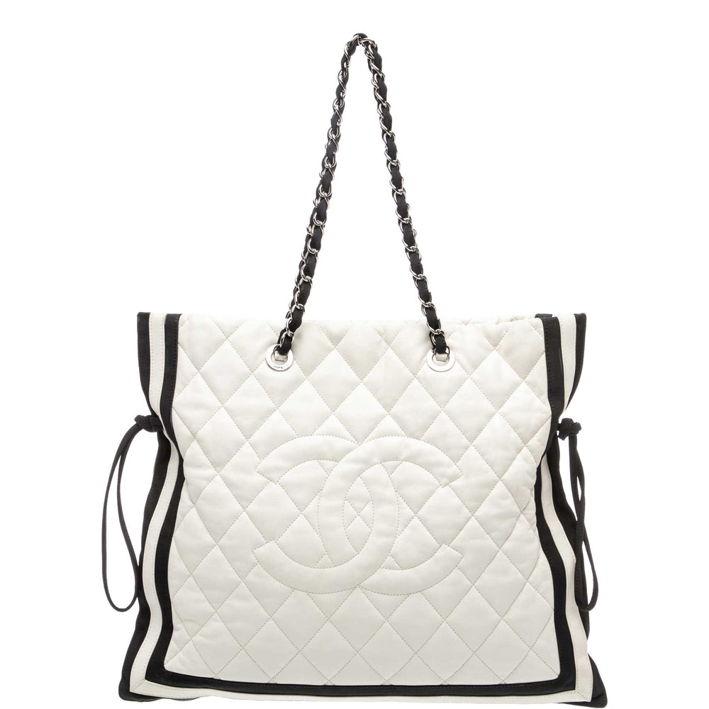 Chanel Quilted CC Tote White Leather Black Grosgrain Cruise 2010