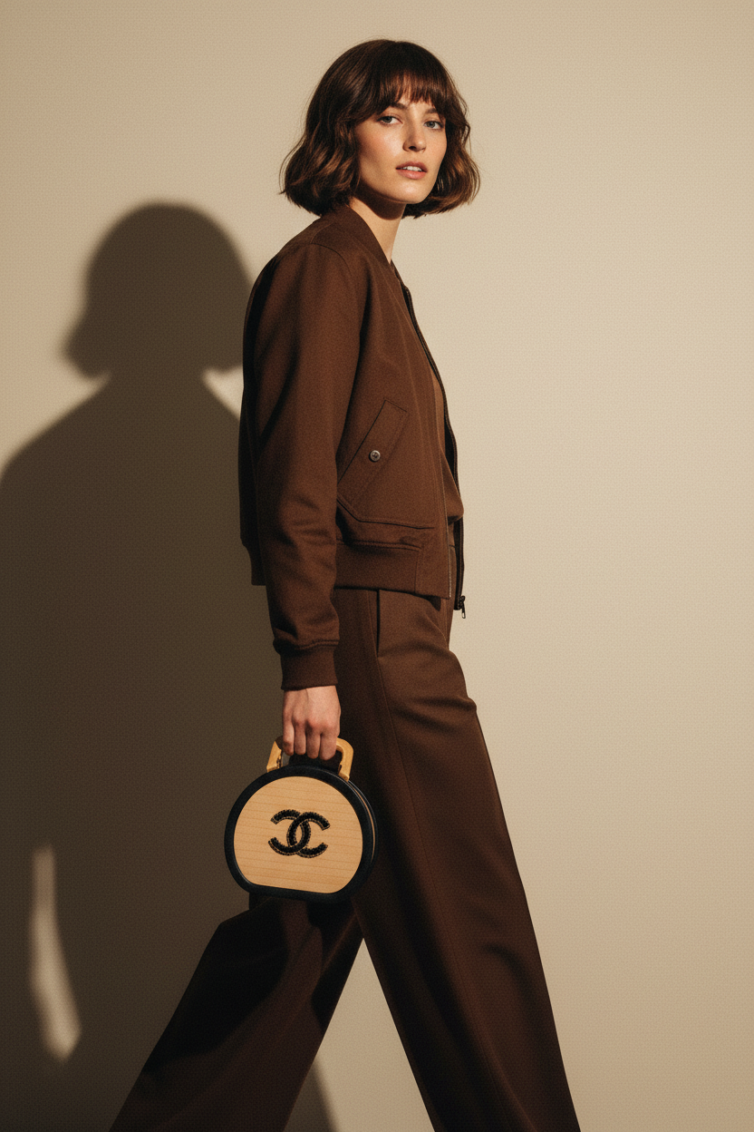 Chanel Round CC Vanity Case Beechwood and Black Lambskin Gold Hardware