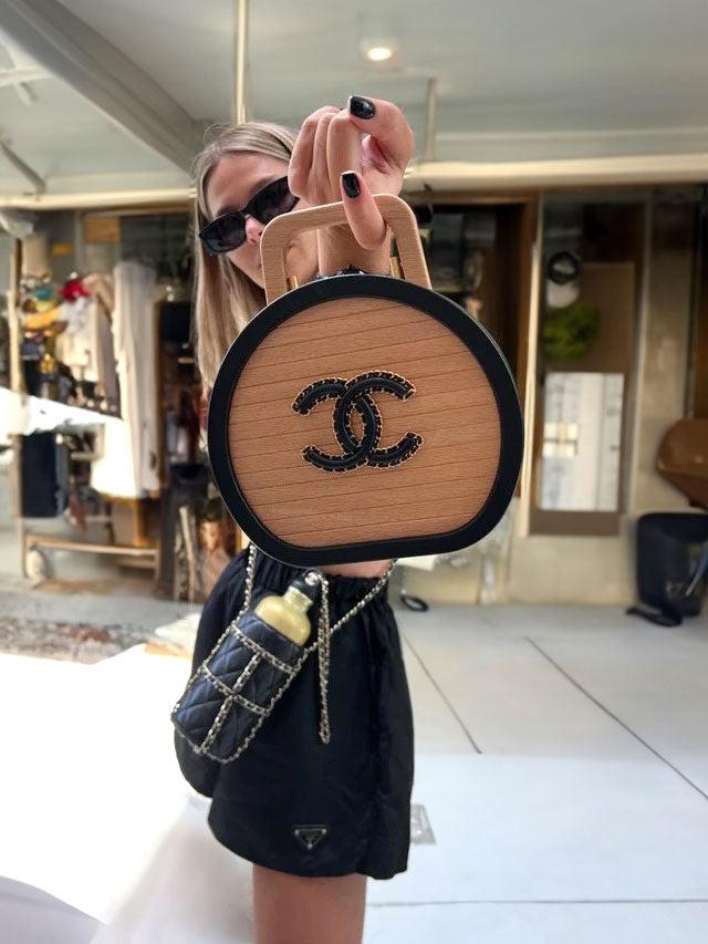 Chanel Round CC Vanity Case Beechwood and Black Lambskin Gold Hardware