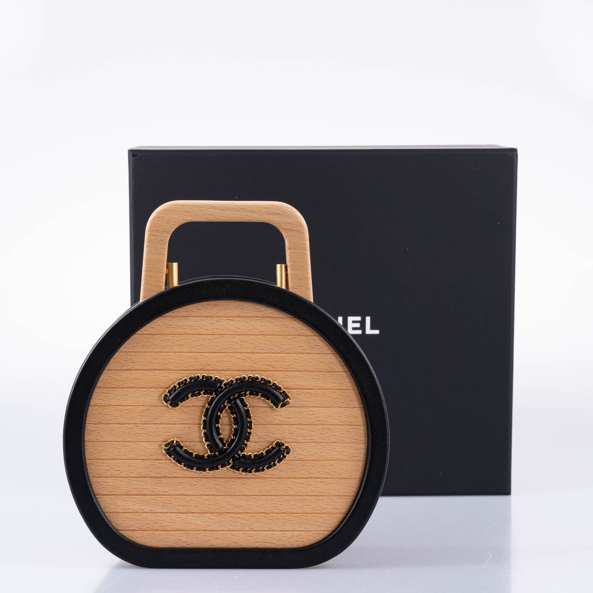 Chanel Round CC Vanity Case Beechwood and Black Lambskin Gold Hardware
