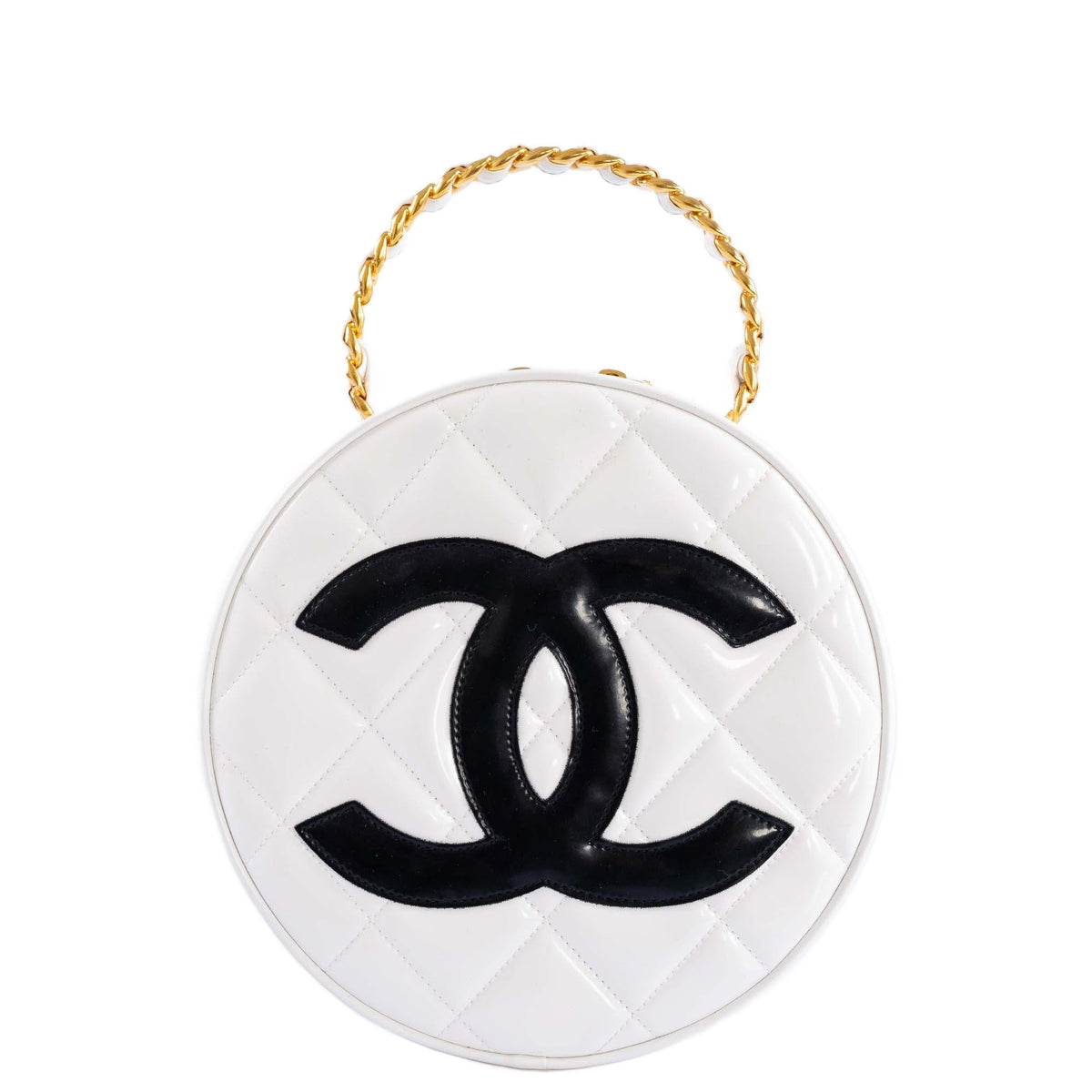 Chanel Round CC Vanity White and Black Patent Leather Gold Hardware, front view