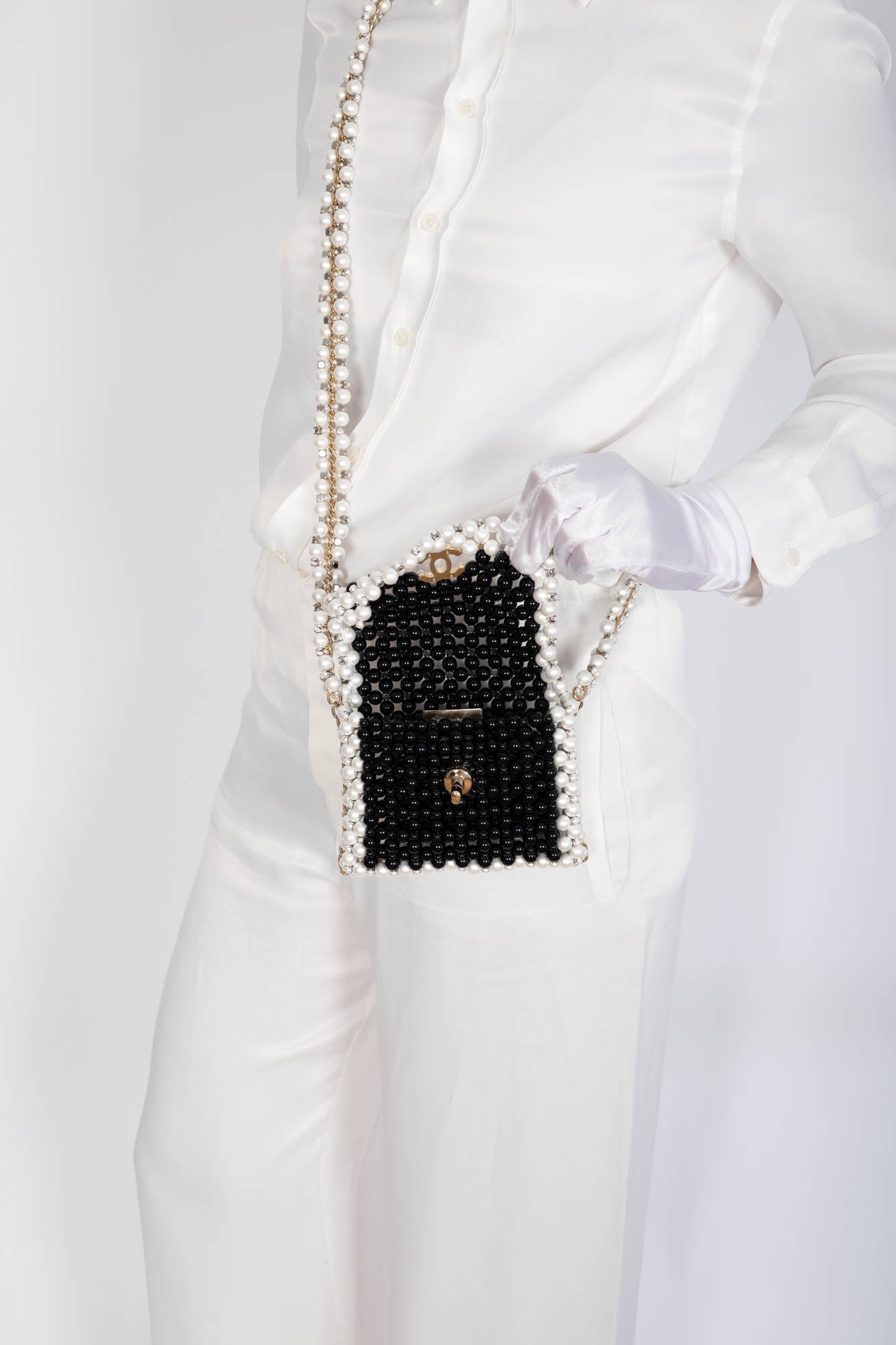 Chanel Runway Pearl Crossbody Black and White Gold Hardware