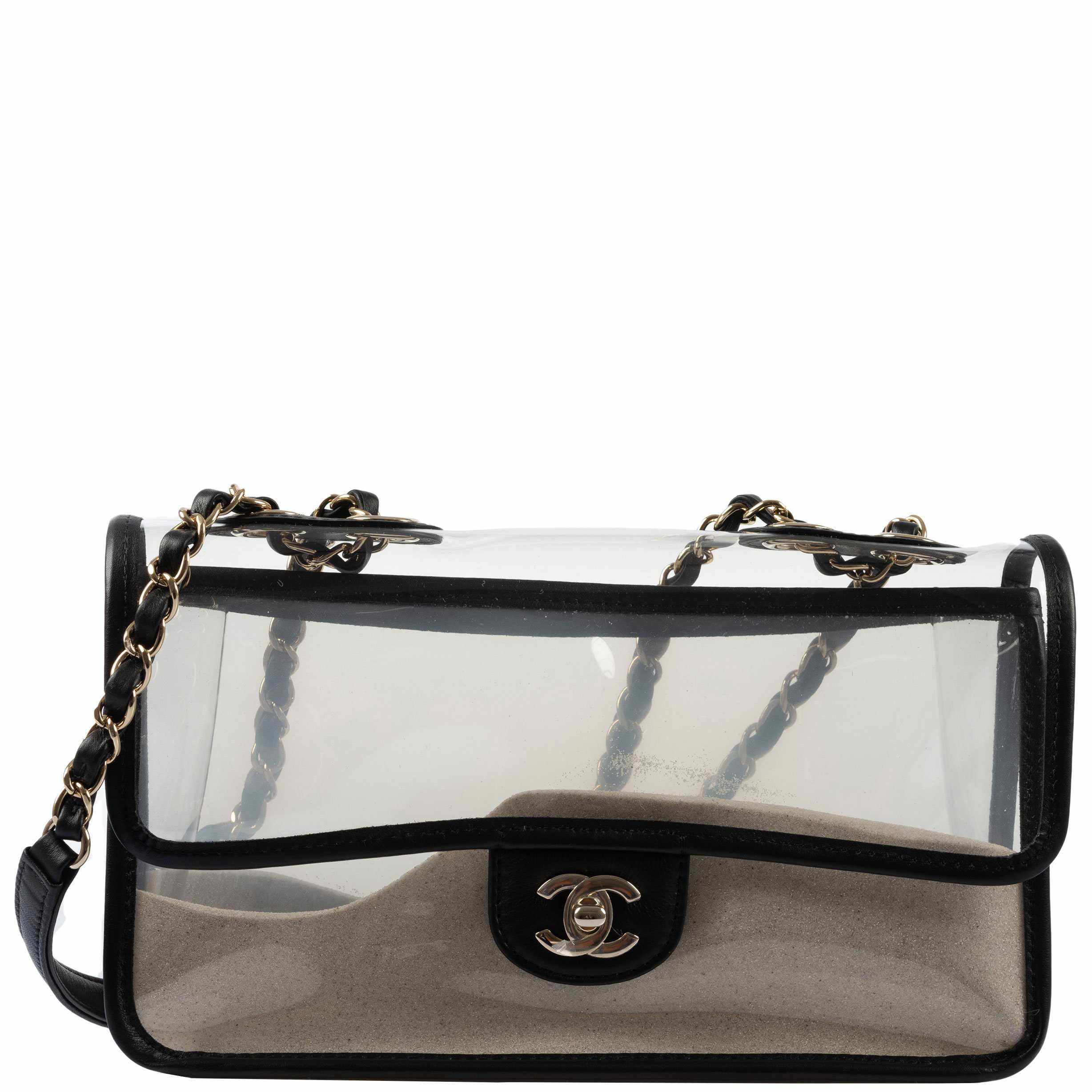 Chanel clear bag store with sand