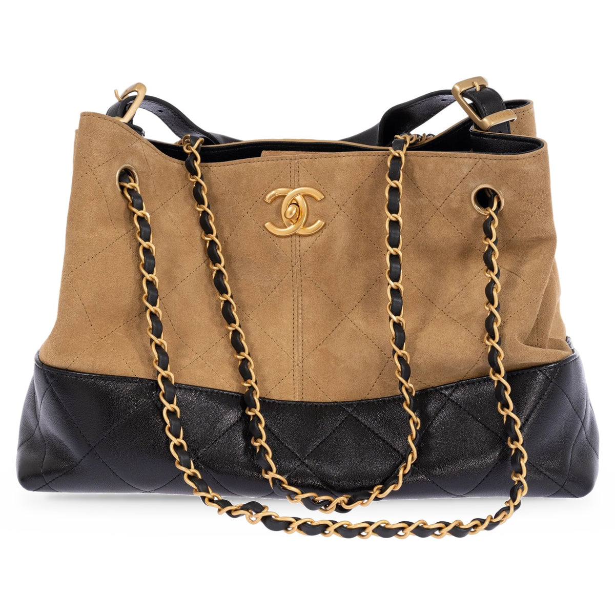 Chanel Small Coco Base Shopping Bag Beige Suede Black Leather Gold Hardware, front view