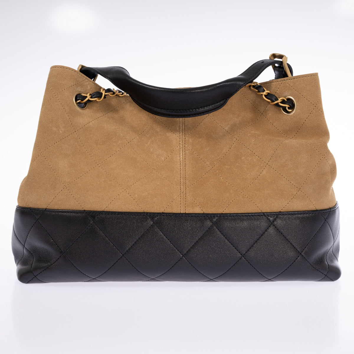 Chanel Small Coco Base Shopping Bag Beige Suede Black Leather Gold Hardware, back view