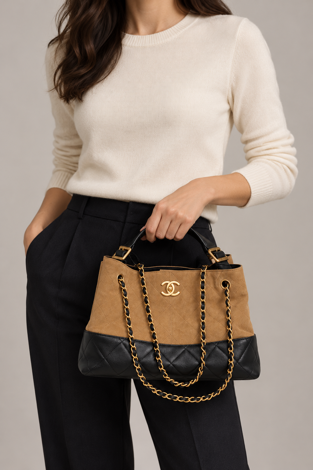 Chanel Small Coco Base Shopping Bag Beige Suede and Black Leather Gold Hardware, carried by a model