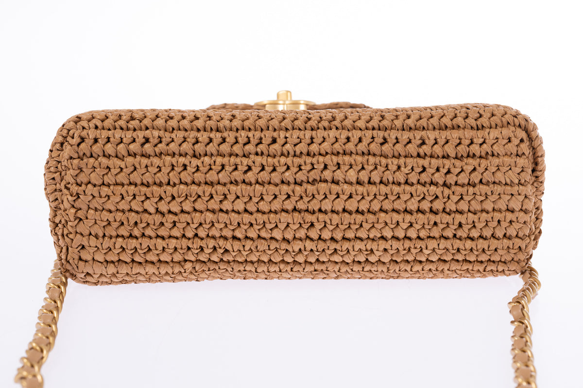 Chanel Small Shopping Bag Dark Beige Braided Raffia Gold Hardware, base view