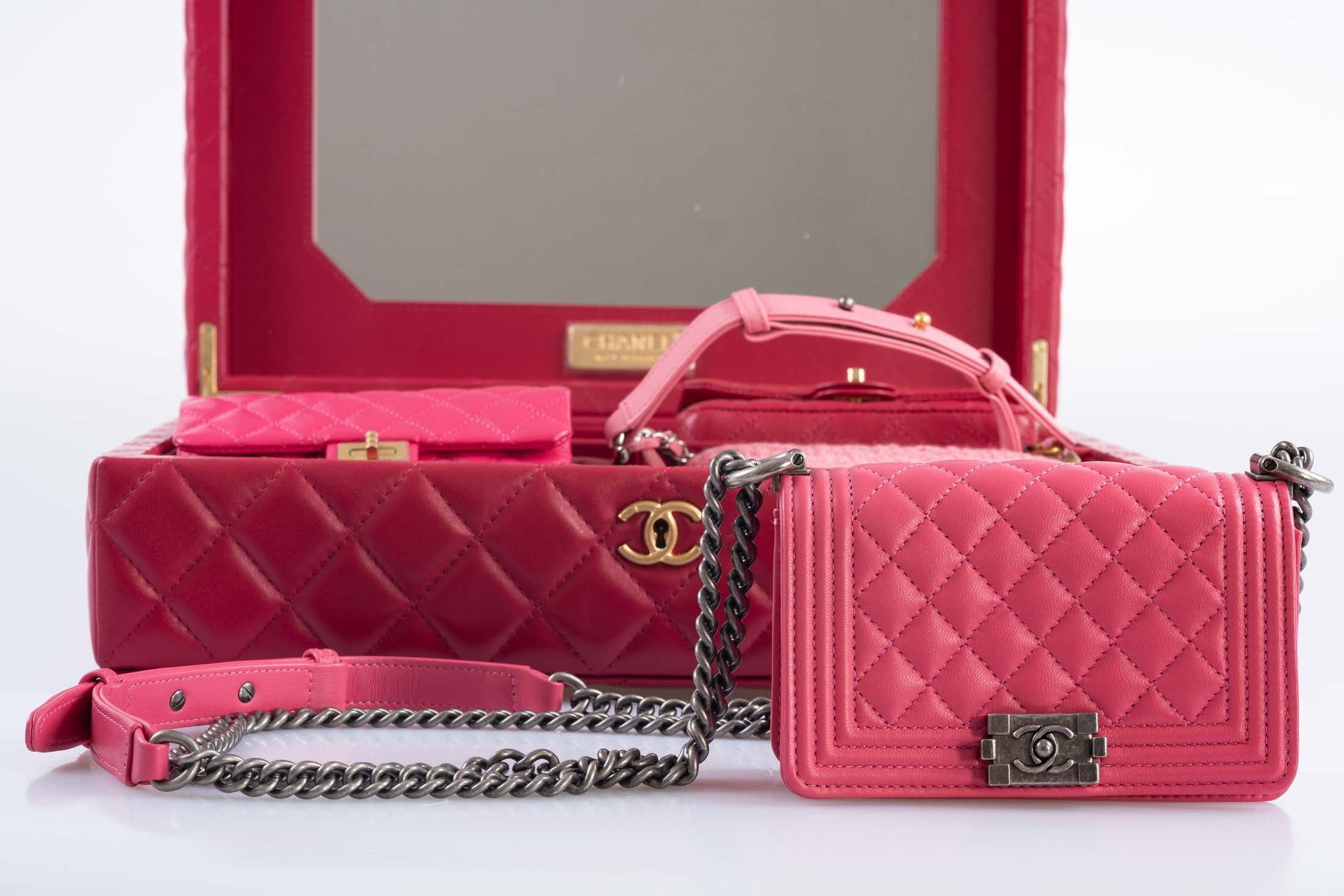 Chanel Success Story Set of 4 Pink and Red Micro Mini Bags with Red Quilted Trunk