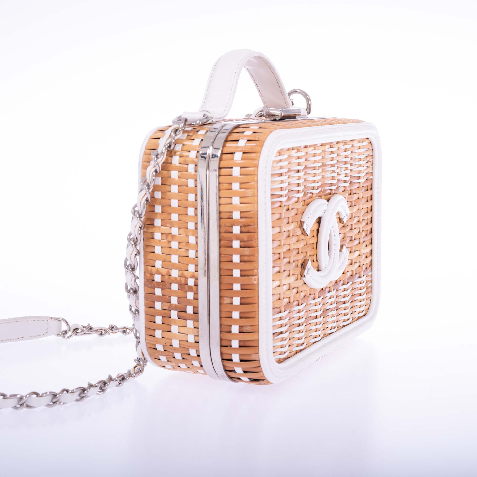 Chanel Vanity Case Beige & White, Rattan, Patent Calfskin & Silver-Tone Metal