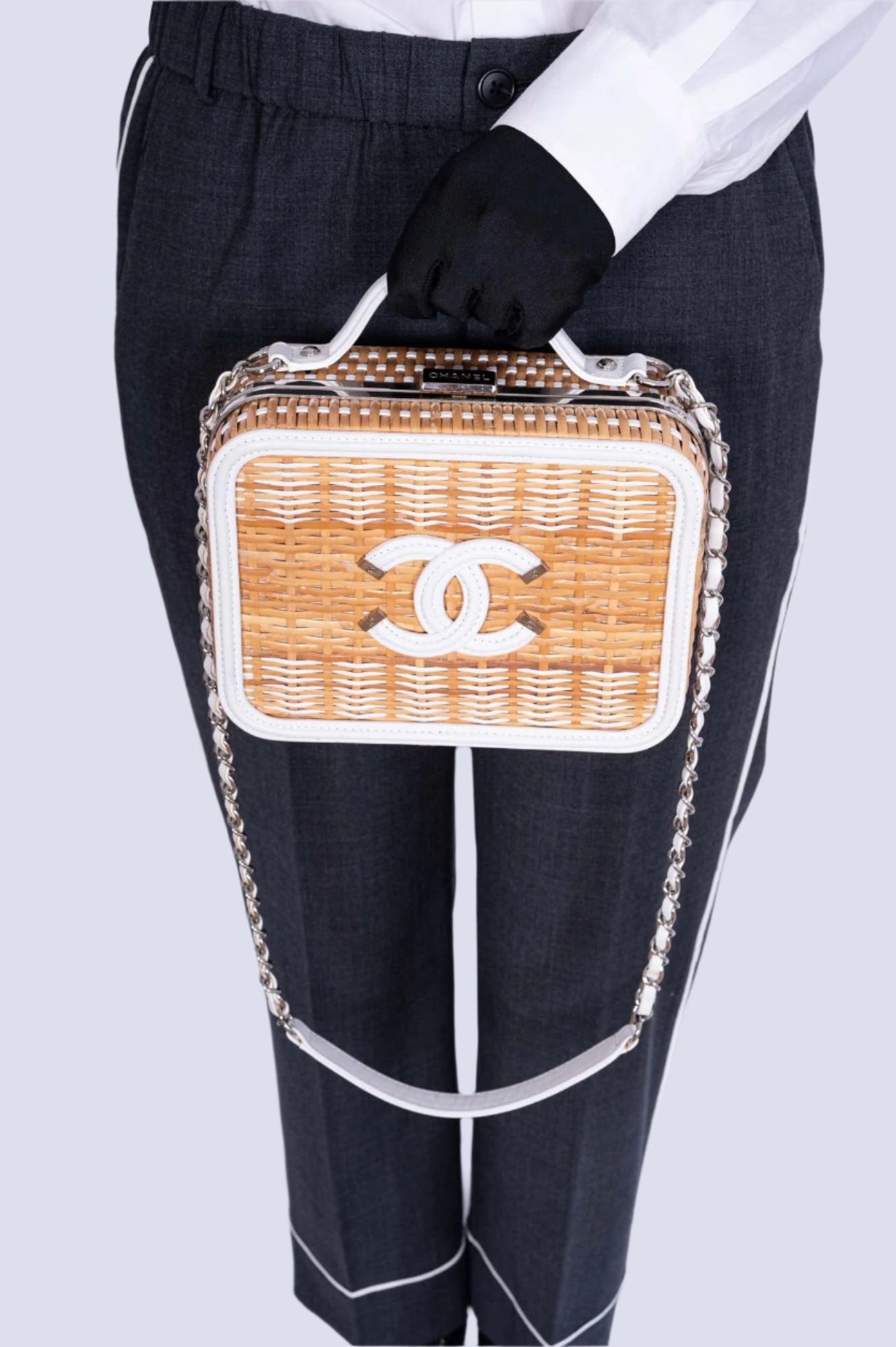 Chanel Vanity Case Beige & White, Rattan, Patent Calfskin & Silver-Tone Metal