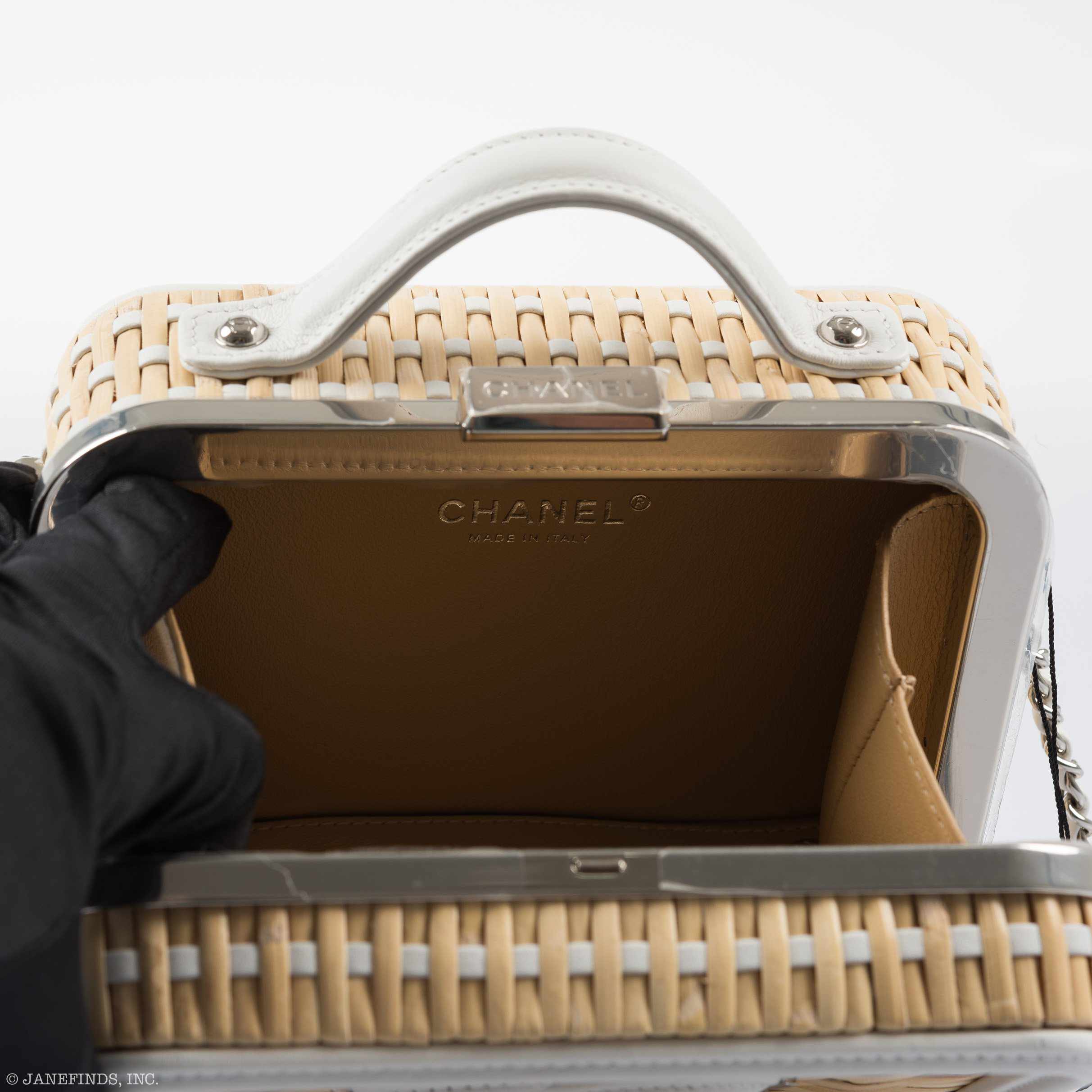 Chanel Vanity Case Beige & White, Rattan, Patent Calfskin & Silver-Tone Metal