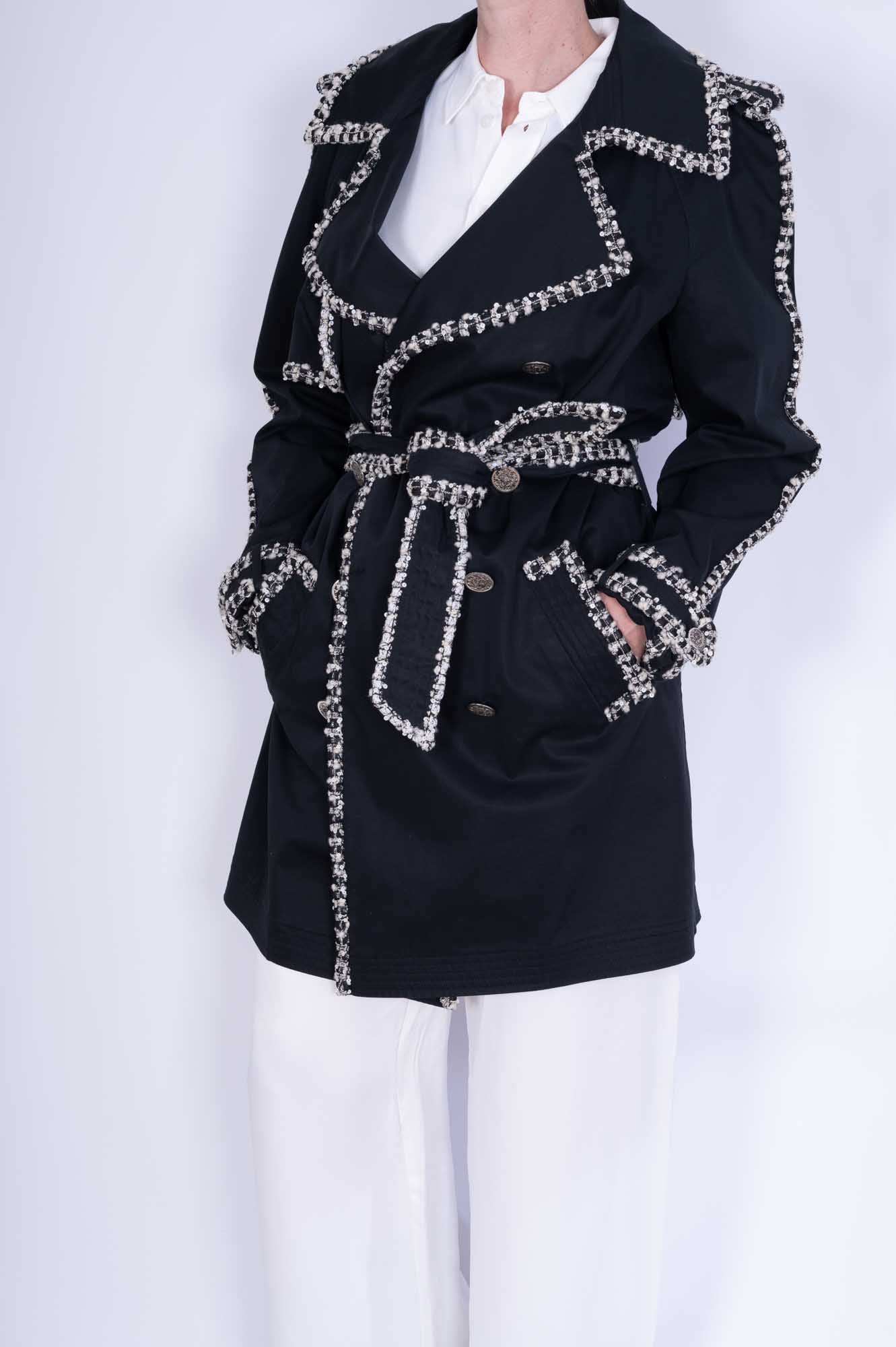 Chanel Vintage Black Trench Coat with Tweed and Chain-Link Trim