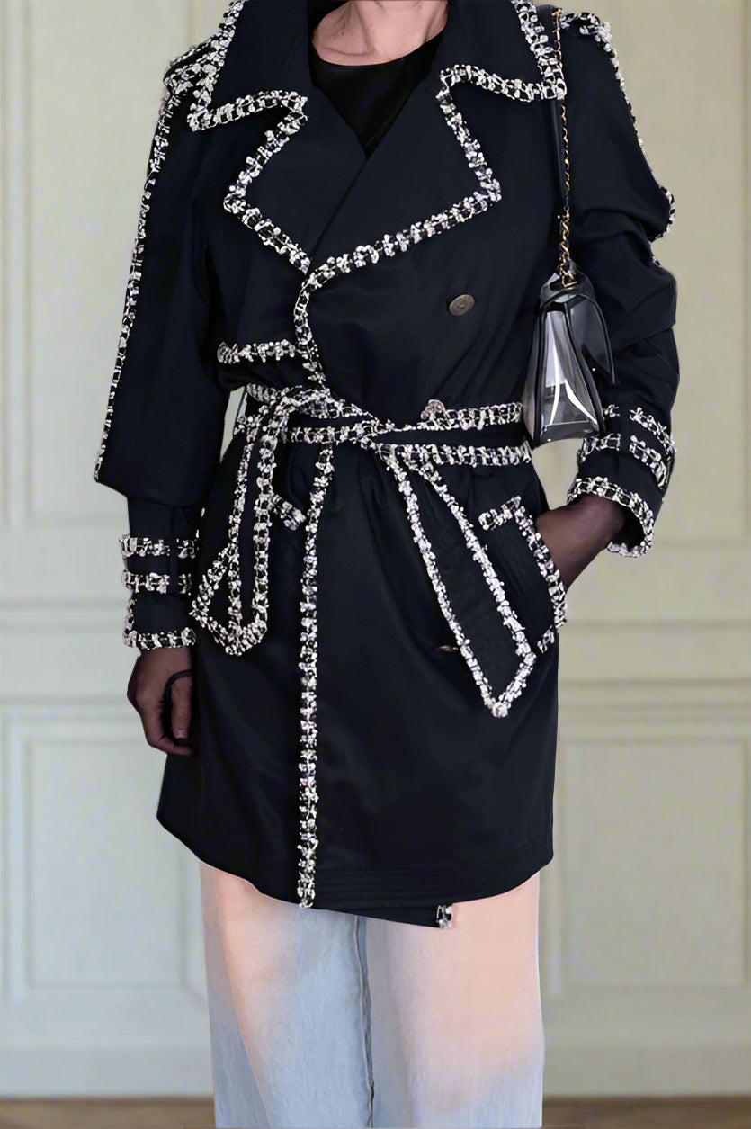 Chanel Vintage Black Trench Coat with Tweed and Chain-Link Trim