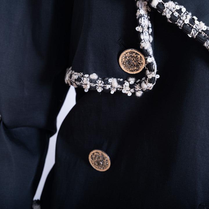 Chanel Vintage Black Trench Coat with Tweed and Chain-Link Trim