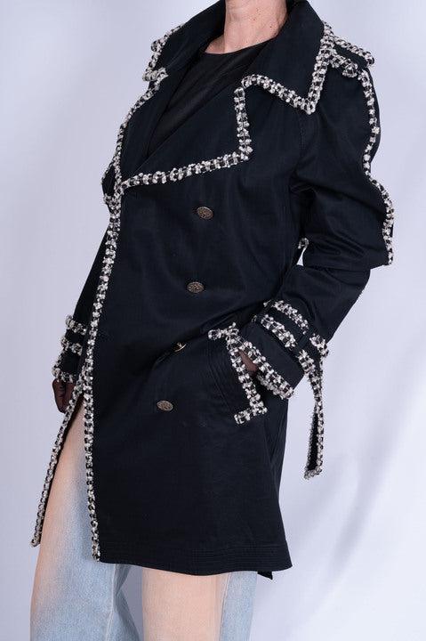 Chanel Vintage Black Trench Coat with Tweed and Chain-Link Trim
