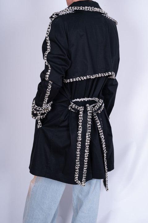 Chanel Vintage Black Trench Coat with Tweed and Chain-Link Trim