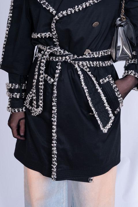 Chanel Vintage Black Trench Coat with Tweed and Chain-Link Trim