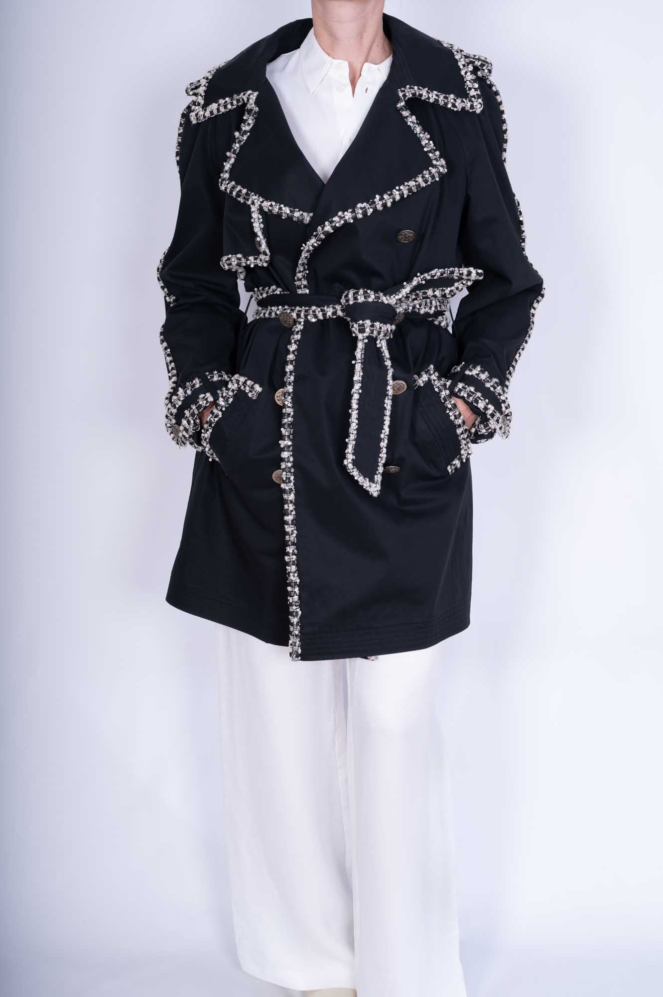 Chanel Vintage Black Trench Coat with Tweed and Chain-Link Trim