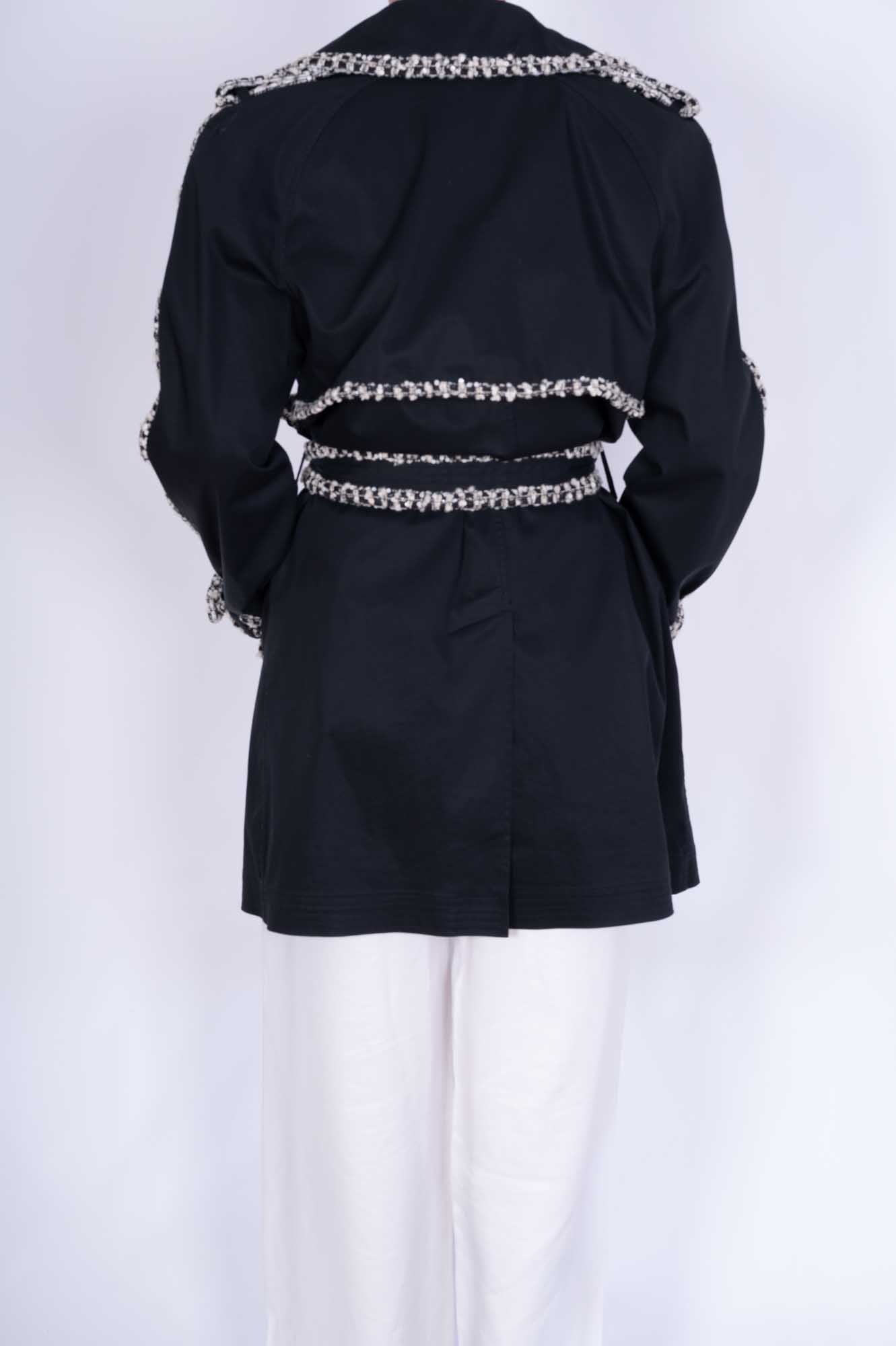 Chanel Vintage Black Trench Coat with Tweed and Chain-Link Trim