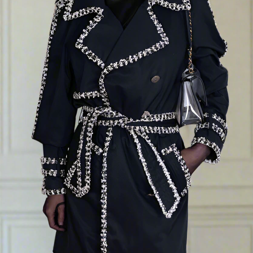 Chanel Vintage Black Trench Coat with Tweed and Chain-Link Trim