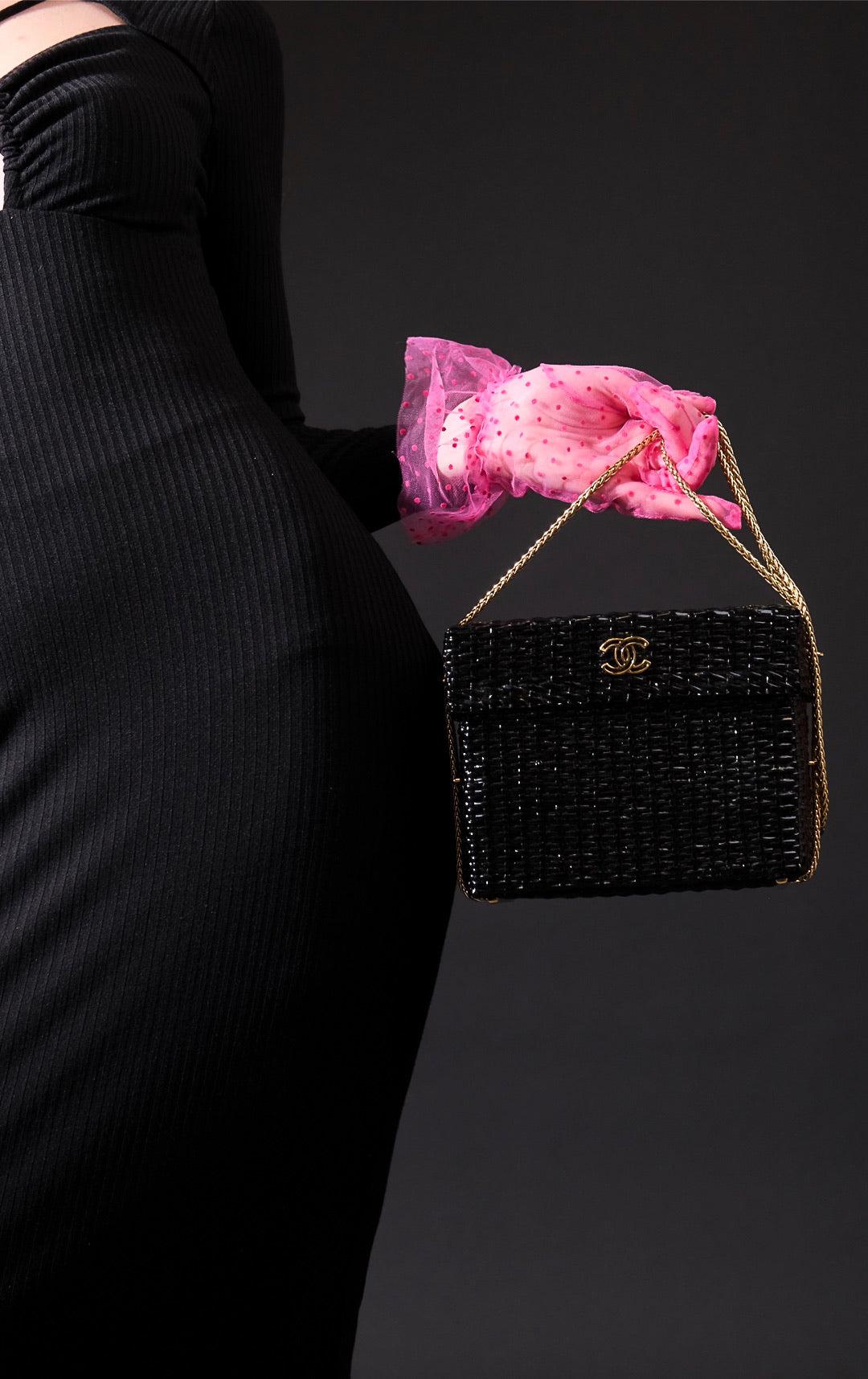 Chanel Vintage Black Wicker CC Picnic Lunch Basket Box Bag Gold Hardware