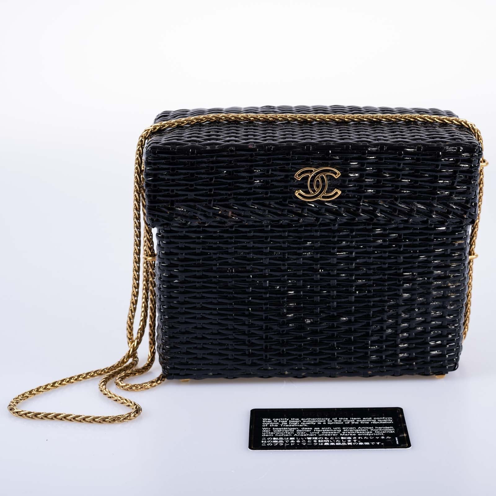 Chanel Vintage Black Wicker CC Picnic Lunch Basket Box Bag Gold Hardware