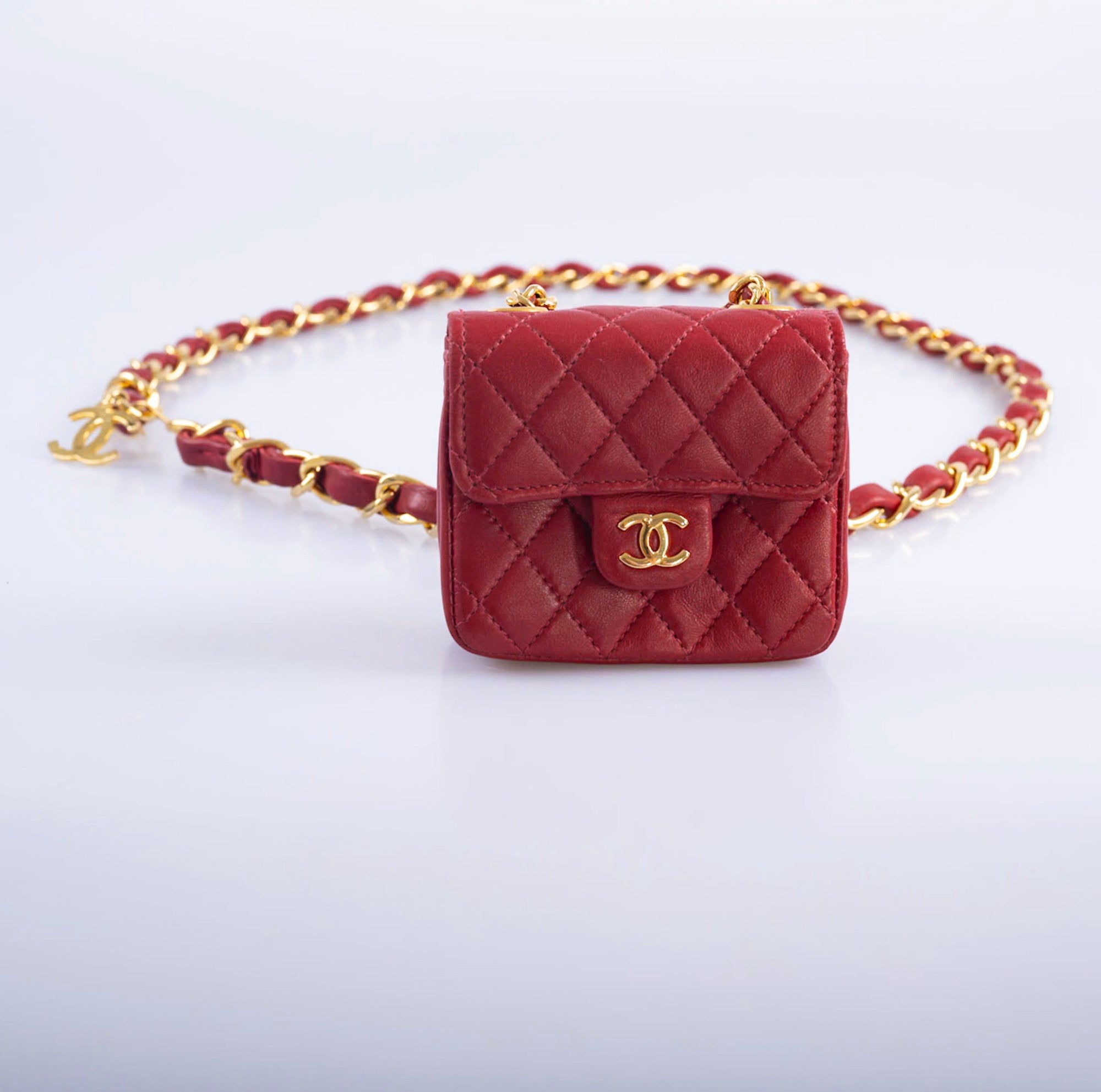 Chanel Vintage Micro Mini Classic Flap Belt Bag Red Quilted Lambskin Gold Hardware 1990s