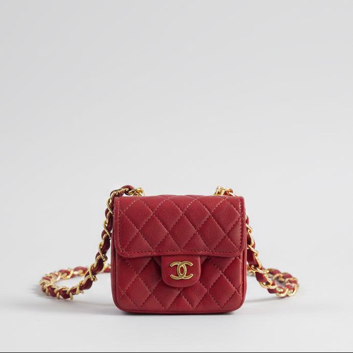 Chanel Vintage Micro Mini Classic Flap Belt Bag Red Quilted Lambskin Gold Hardware 1990s