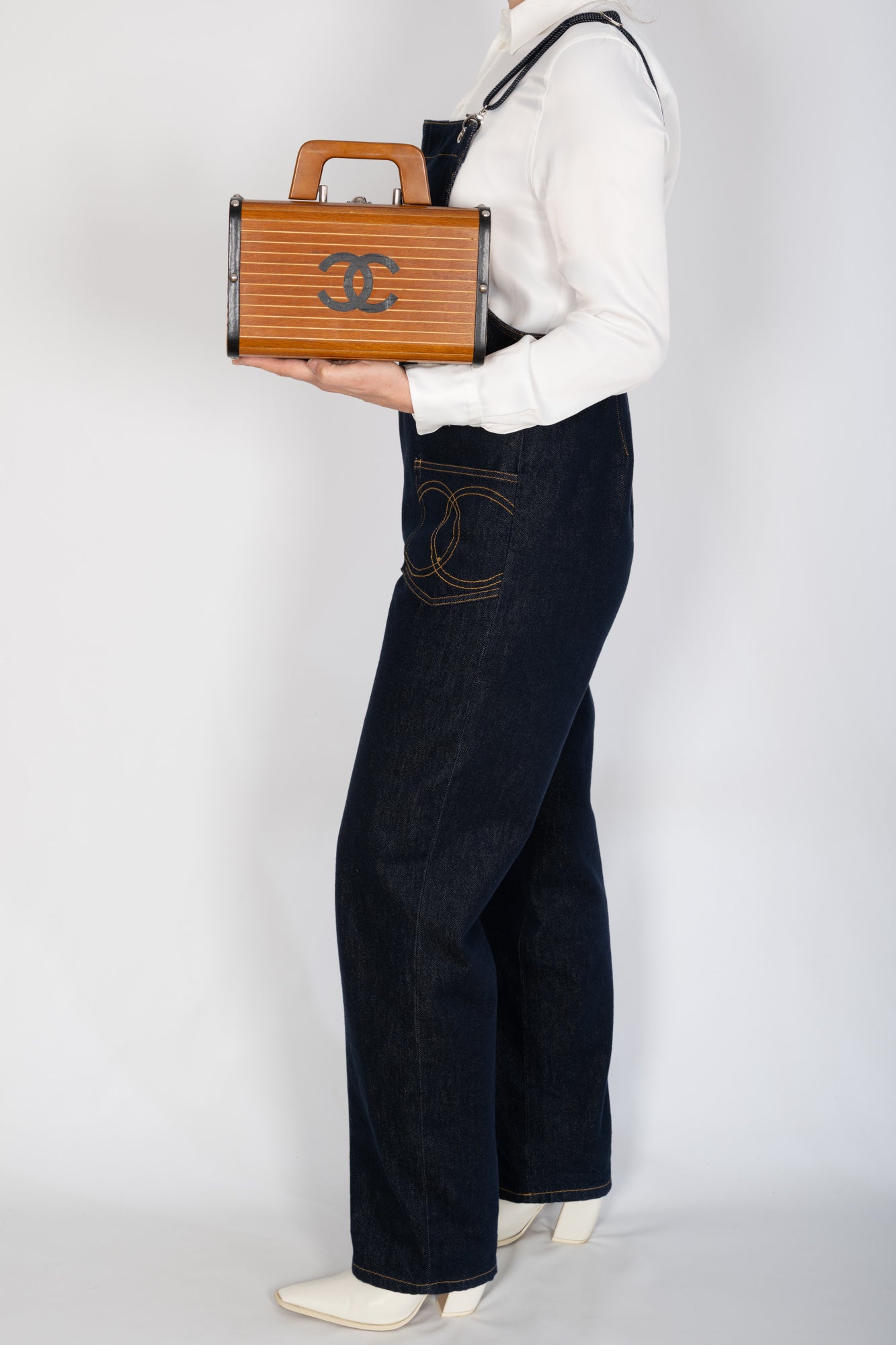 Chanel Wood Vanity Box Bag Brown Wood Black Leather Silver-Tone Hardware