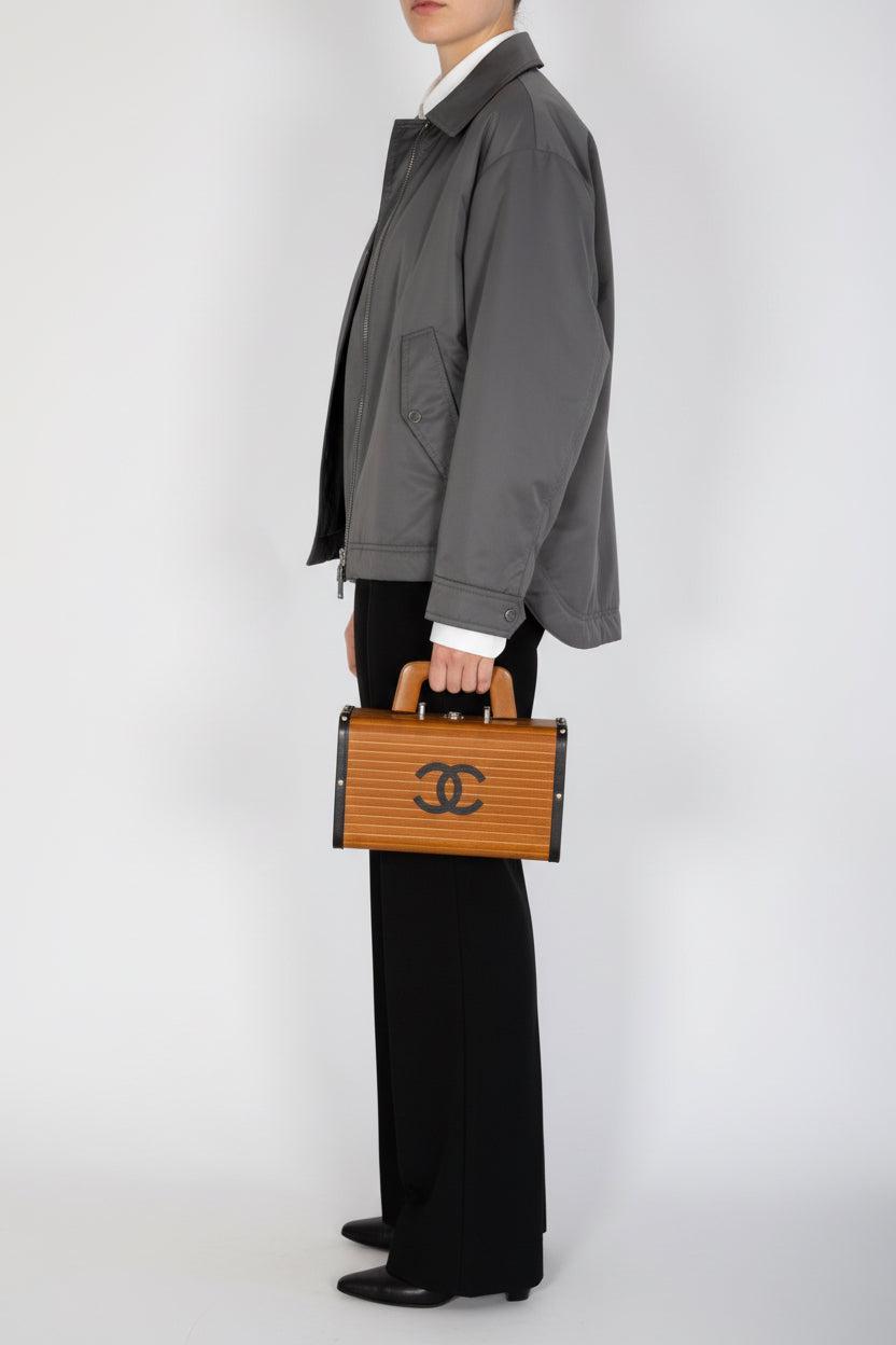Chanel Wood Vanity Box Bag Brown Wood Black Leather Silver-Tone Hardware