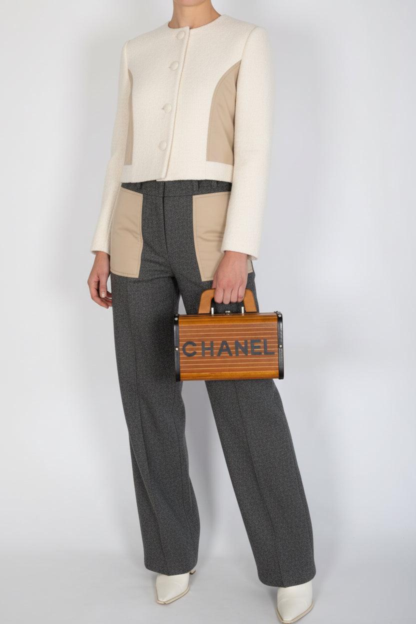 Chanel Wood Vanity Box Bag Brown Wood Black Leather Silver-Tone Hardware