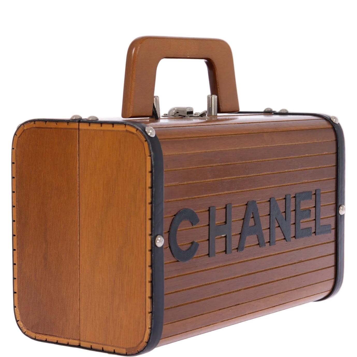 Chanel Wood Vanity Box Bag Brown Wood Black Leather Silver-Tone