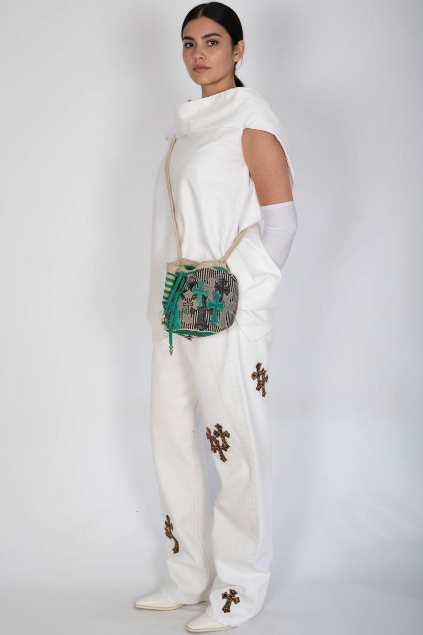 【訳あり】*【】**CHROME HEARTS**【】*巾着*/＜No2294> Chrome Hearts x Guanabana Woven Bucket Bag Green/Beige Cross
