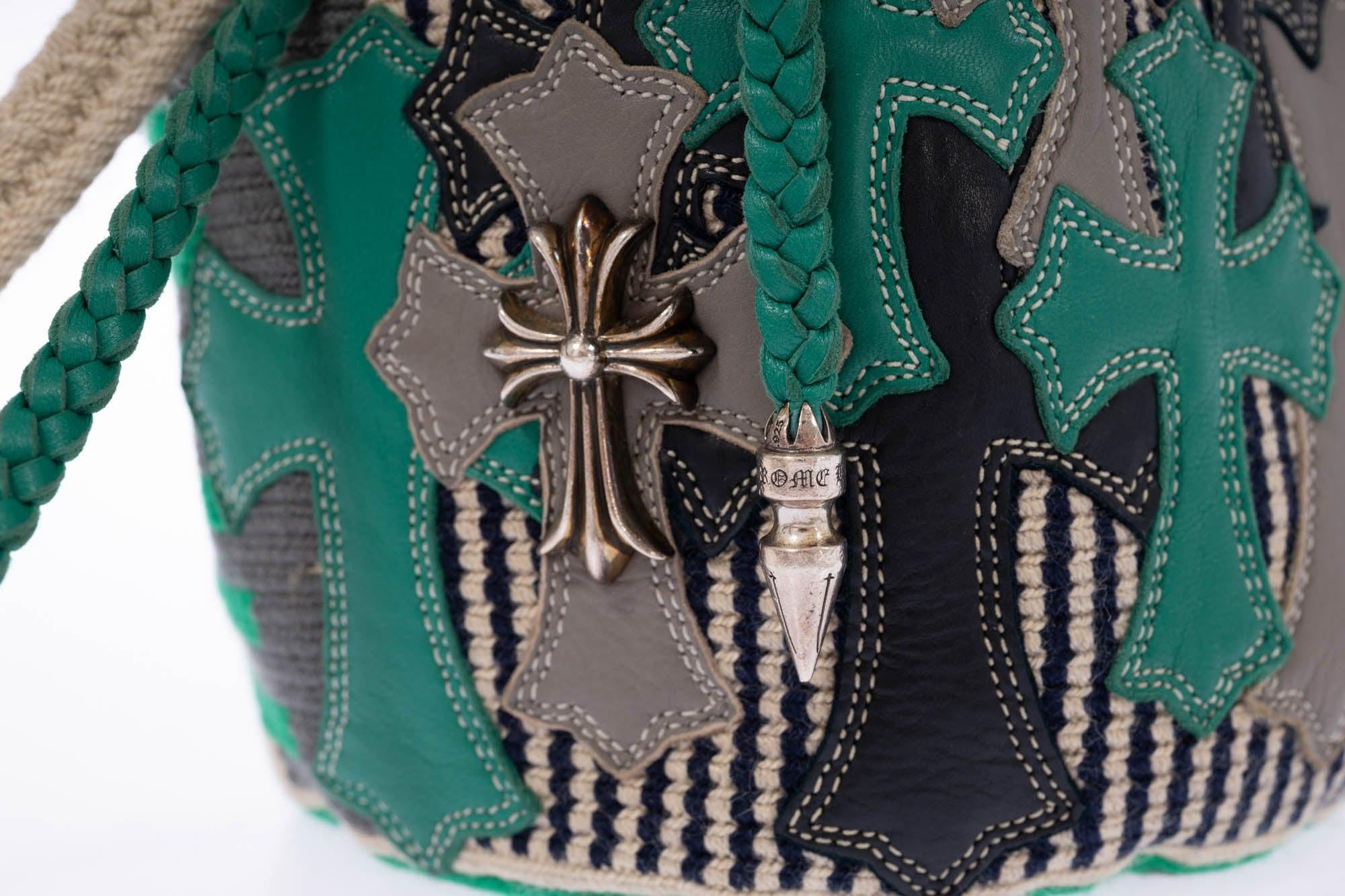Chrome Hearts x Guanabana Woven Bucket Bag Green/Beige Cross Patches Sterling Silver
