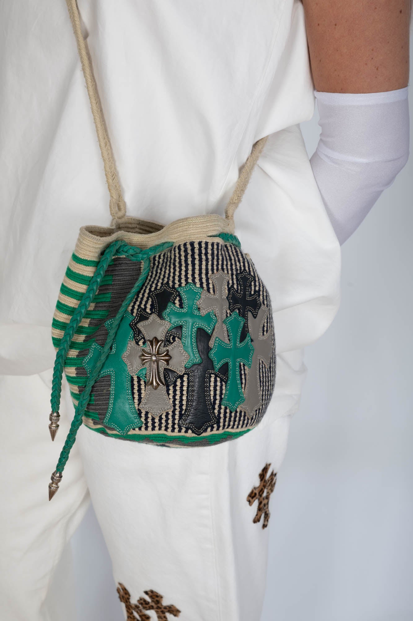 Chrome Hearts x Guanabana Woven Bucket Bag Green/Beige Cross Patches Sterling Silver