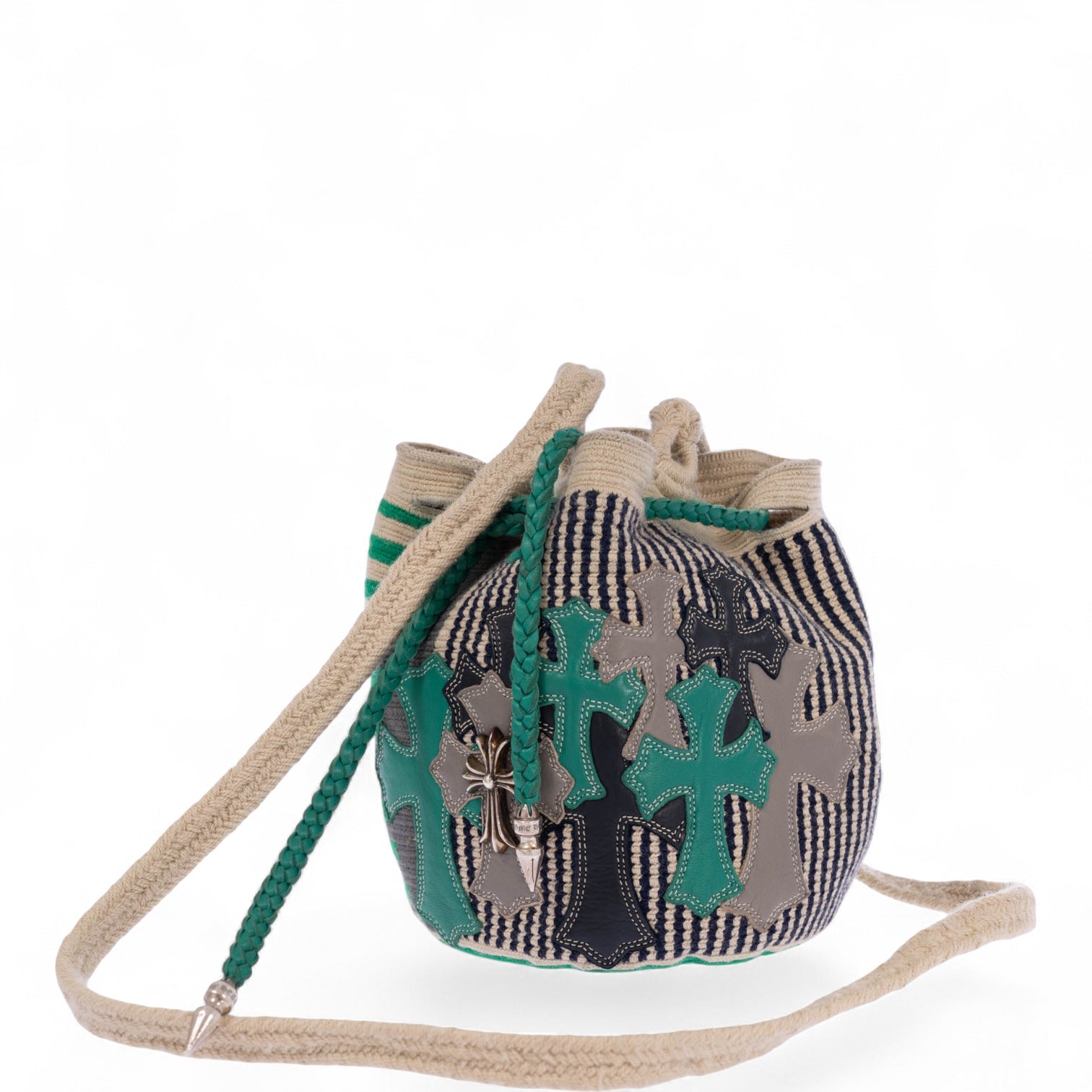Chrome Hearts x Guanabana Woven Bucket Bag Green/Beige Cross Patches Sterling Silver