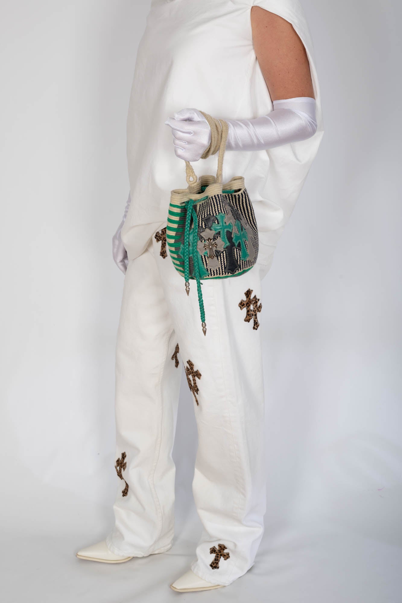 Chrome Hearts x Guanabana Woven Bucket Bag Green/Beige Cross Patches Sterling Silver