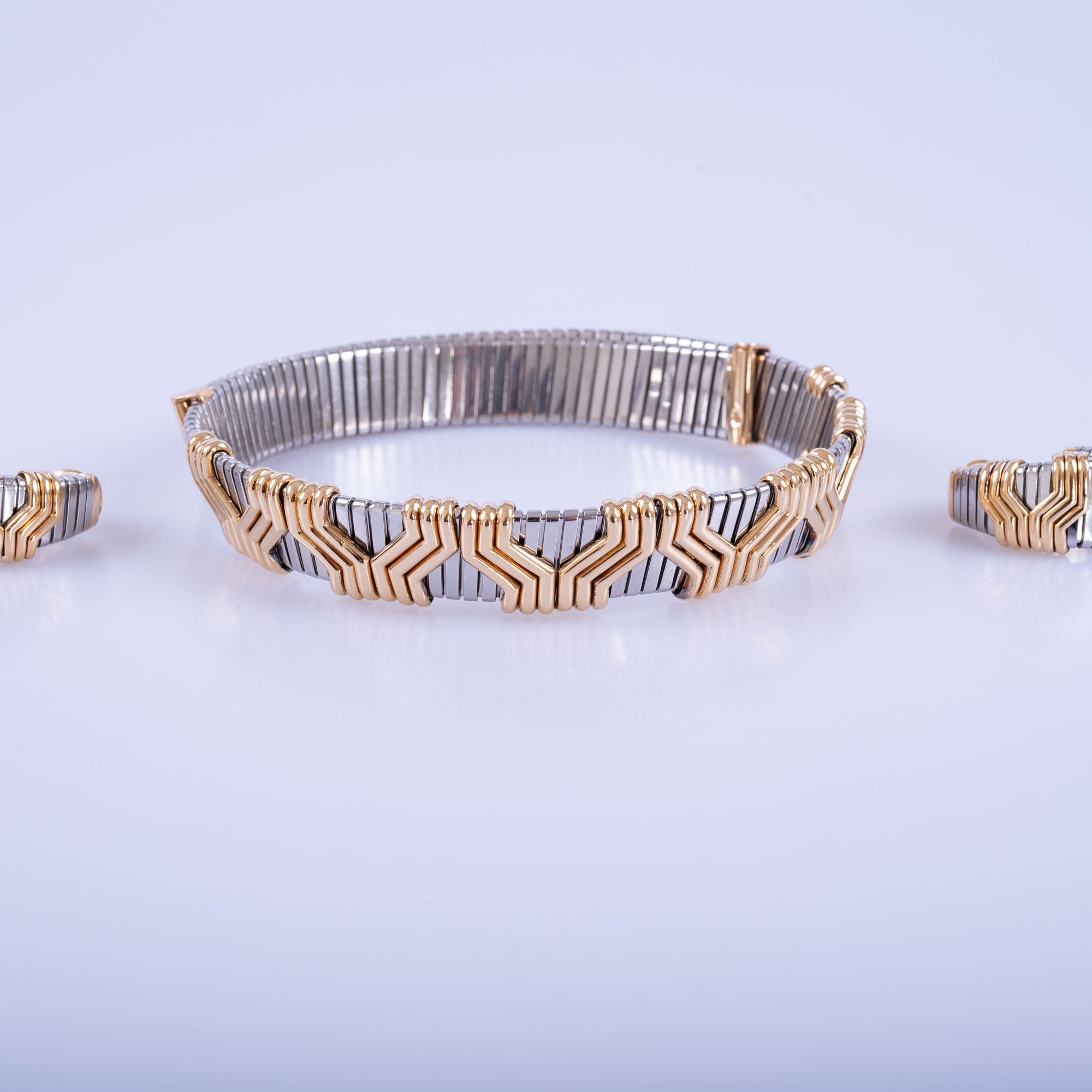 Estate Jewelry Bulgari Steel and Gold Choker and Earrings Set