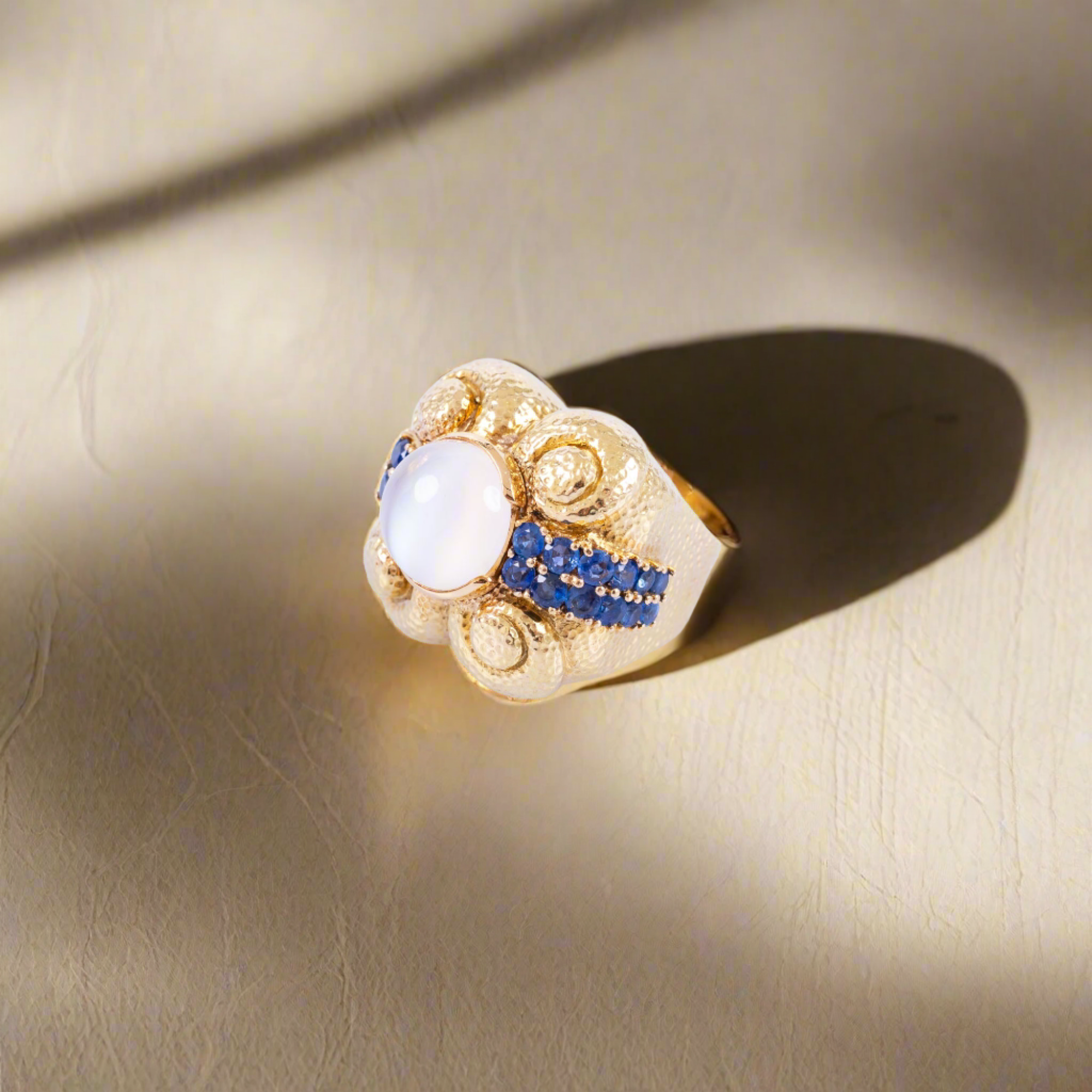 Estate Jewelry David Webb Moonstone with Sapphire Gold Ring