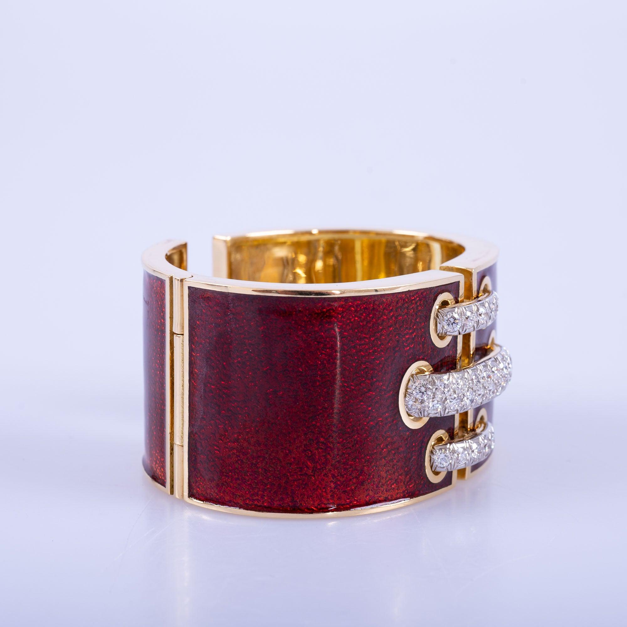 Estate Jewelry David Webb Red Enamel Diamond Gold Platinum Shoelace Cuff