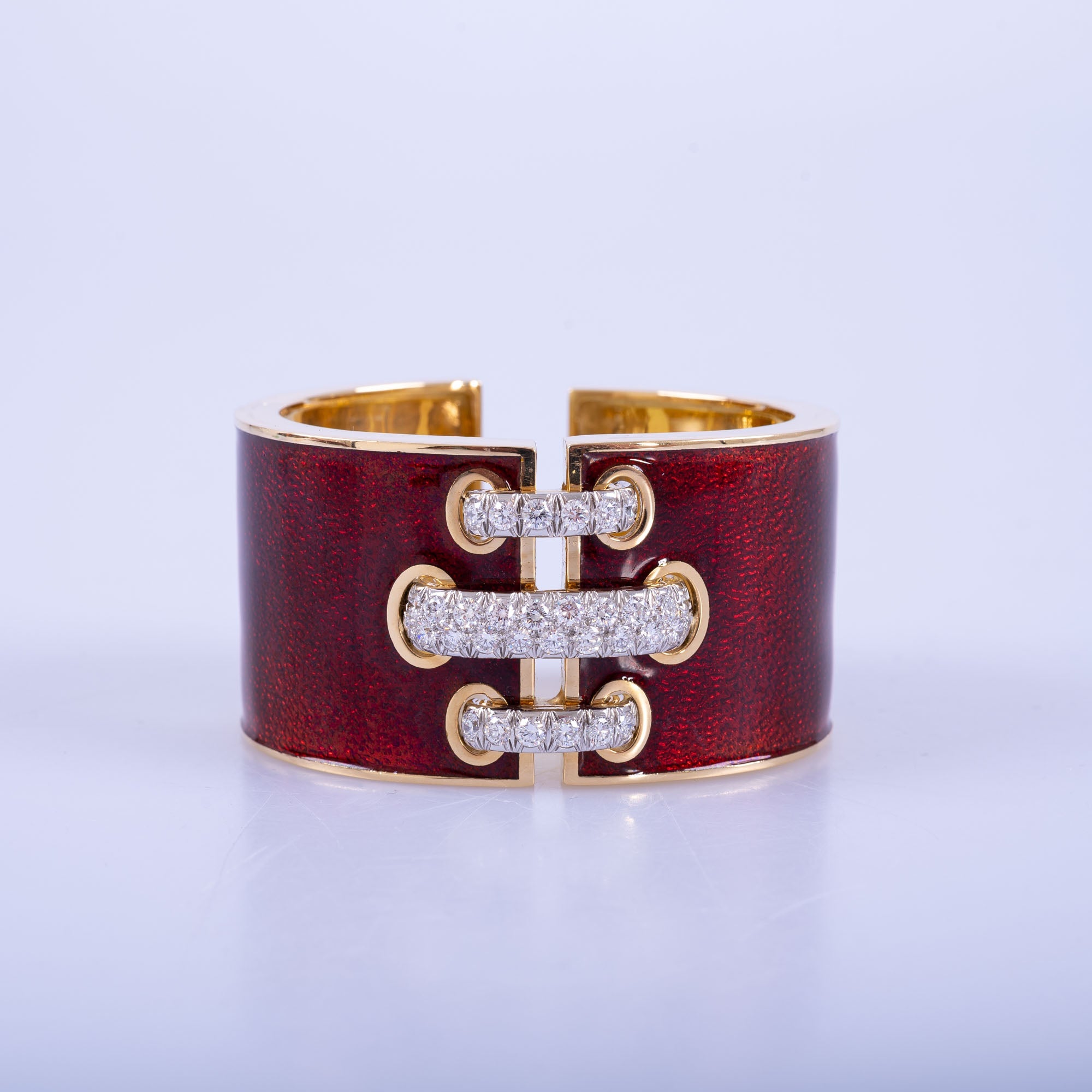 Estate Jewelry David Webb Red Enamel Diamond Gold Platinum Shoelace Cuff