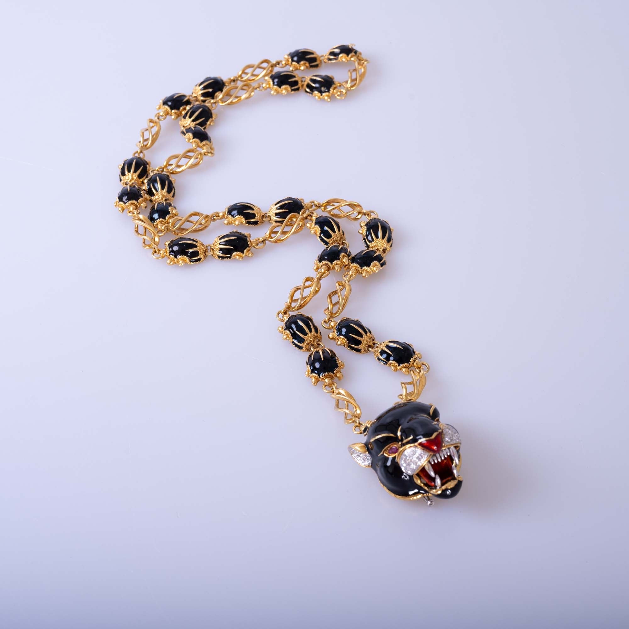 Estate Jewelry Frascarolo Enamel and Diamond Panther Necklace