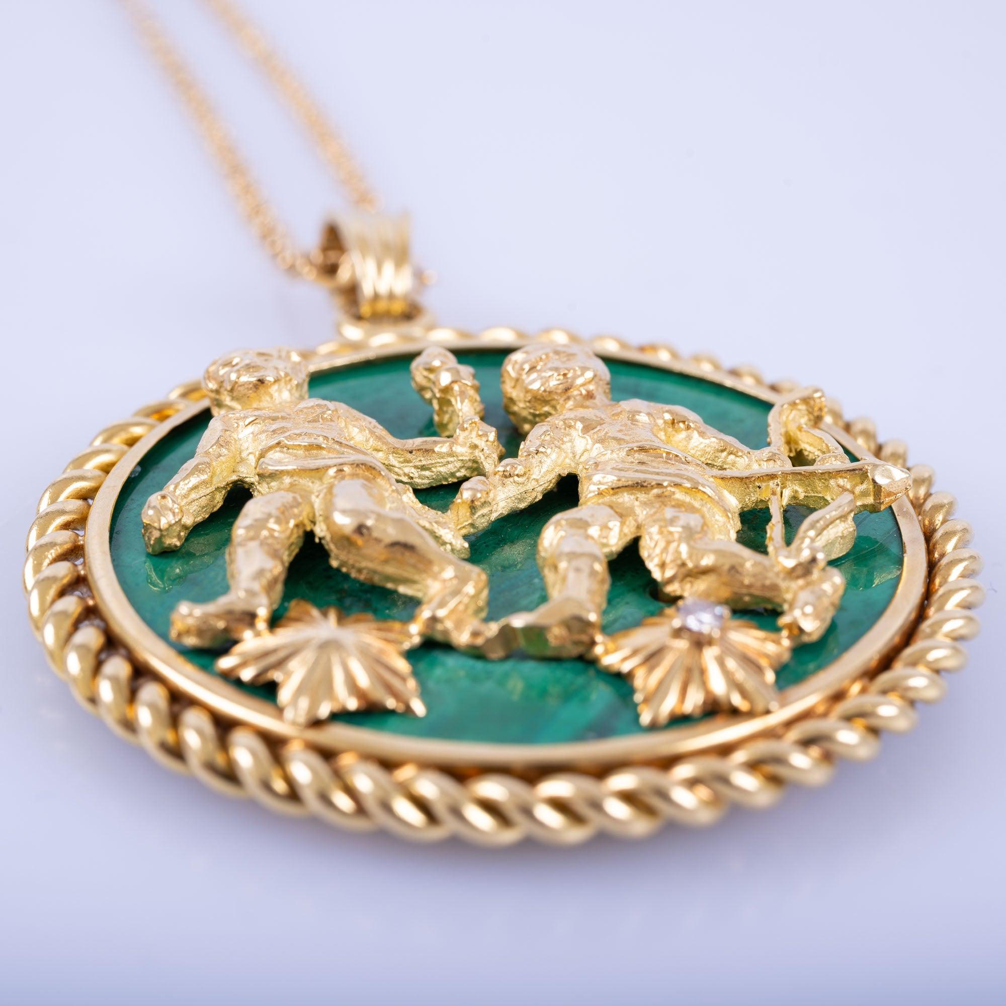 Estate Jewelry Van Cleef & Arpels Gemini 18K Gold Malachite Pendant Necklace, Circa 1950S-60S