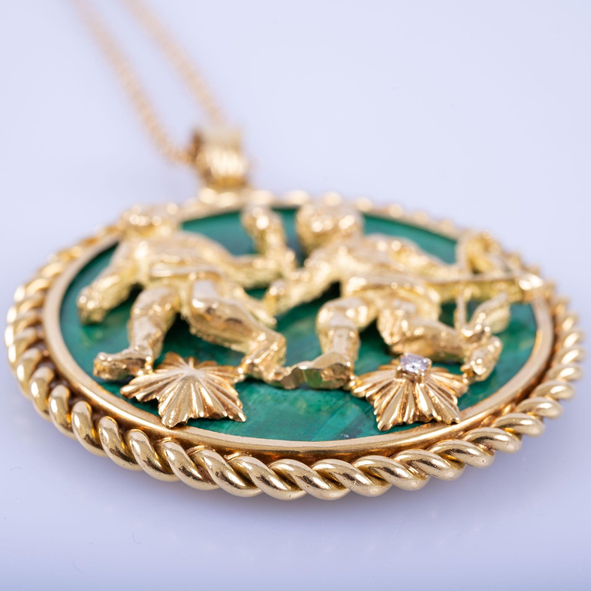 Estate Jewelry Van Cleef & Arpels Gemini 18K Gold Malachite Pendant Necklace, Circa 1950S-60S